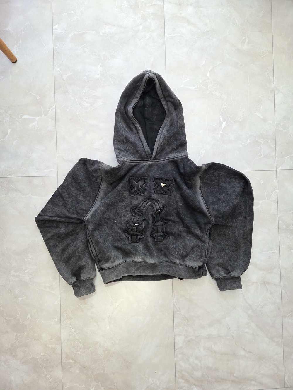 Washed Black Hooded Sweatshirt with Embroidered Motif